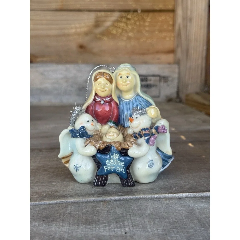 Resin Nativity Scene Christmas Ornament Jesus, Joseph, Mary‎ And Snowmen Angels